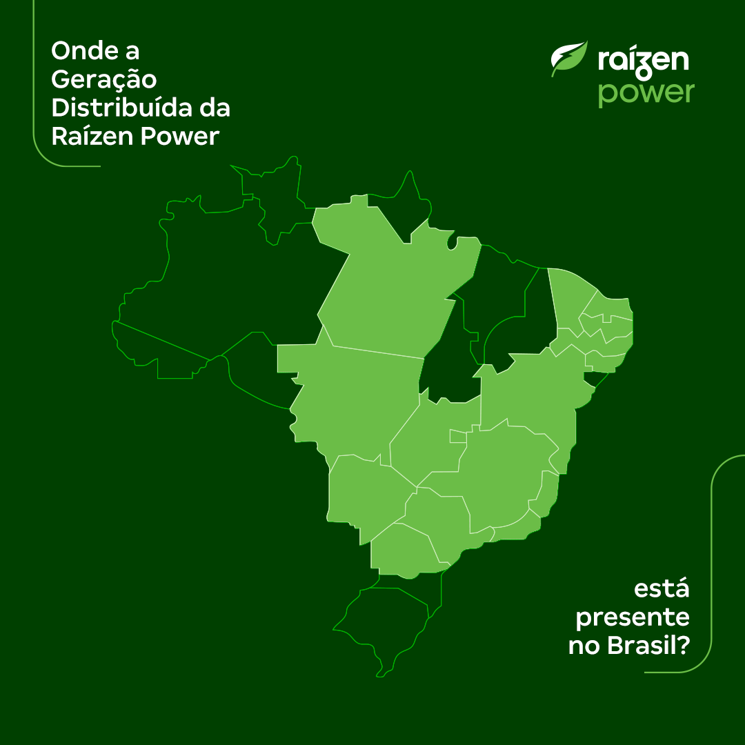 Mapa que apresenta a disponibilidade da solução Geração Distribuída da Raízen Power no Brasil
